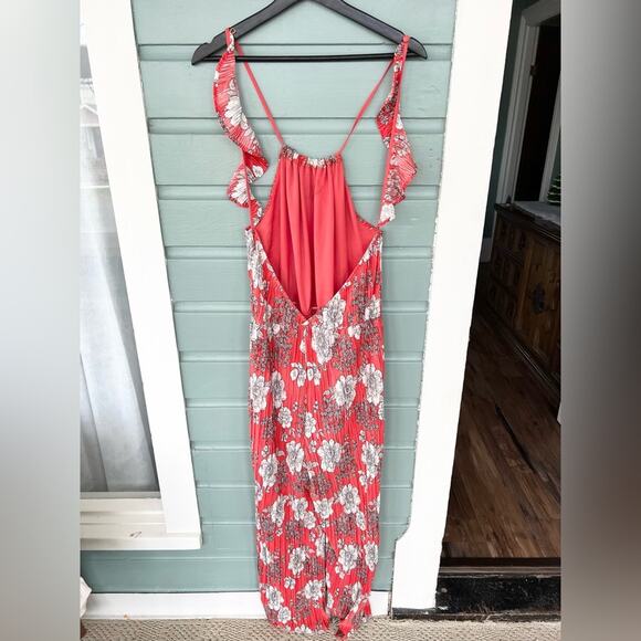 Free People Fresh Fields Pleated Jumpsuit Orange white floral crinkle flutter L - Picture 8 of 16